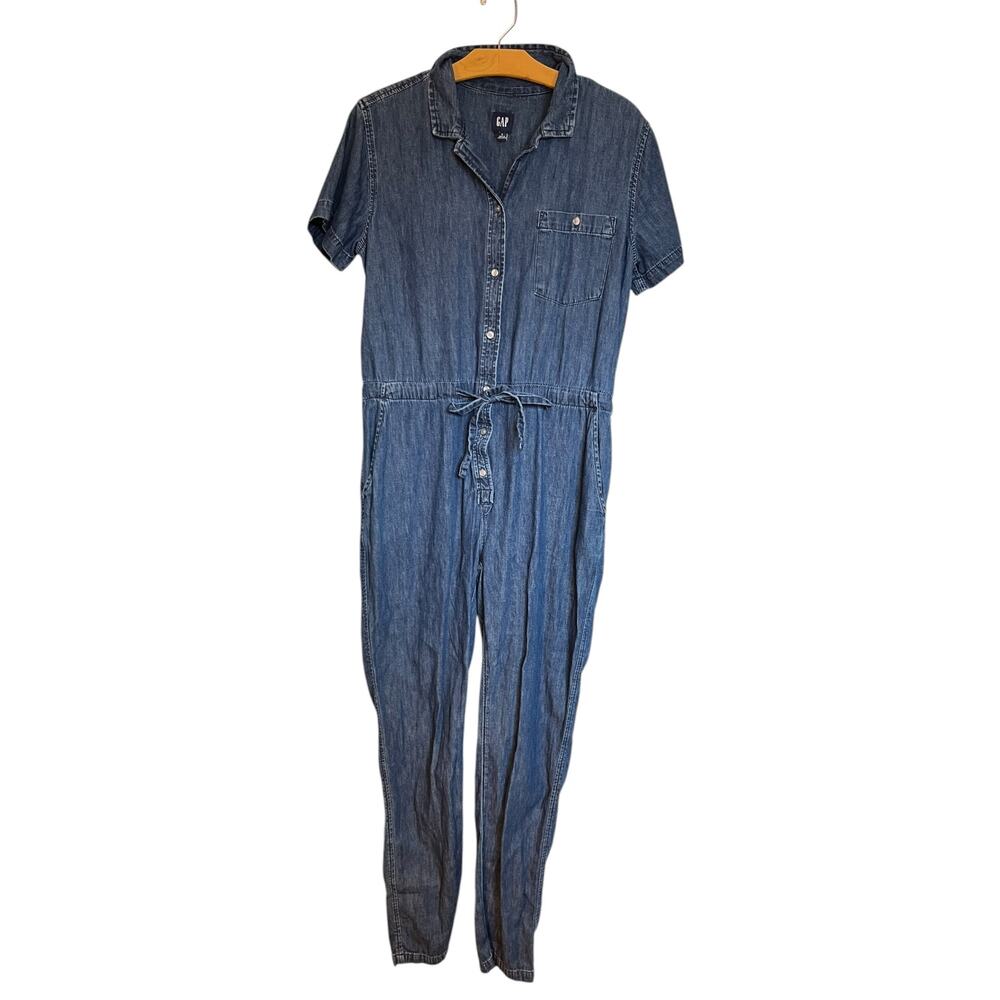 Gap Short Sleeve Chambray Denim Jumpsuit Medium Wash Utility Boiler Suit Size 6